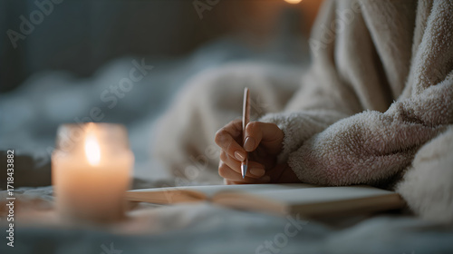 Woman writing journal, diary with candle light at home concept. Relaxing evening with cozy atmosphere for self-reflection.