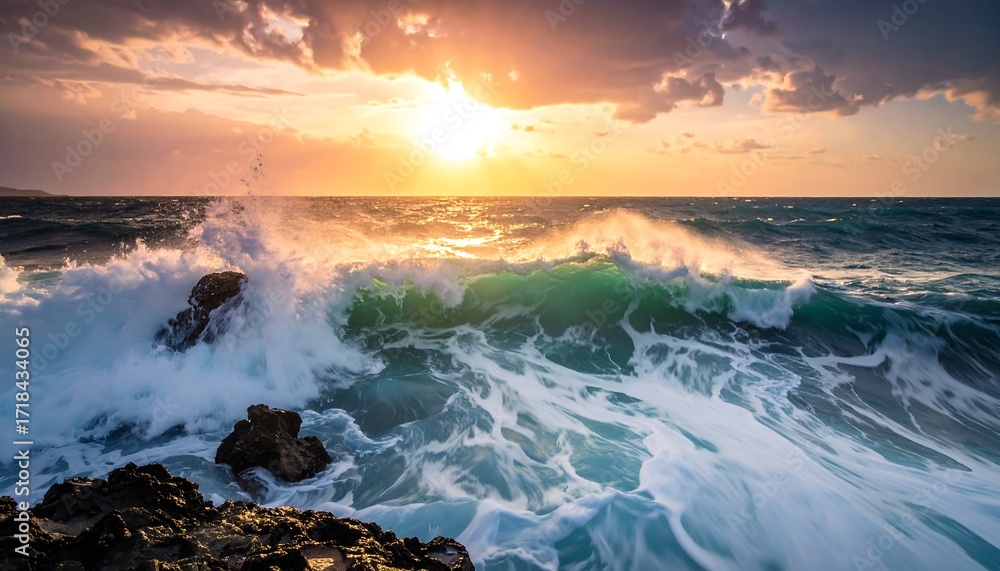 Obraz premium Dramatic sunset over a turbulent ocean