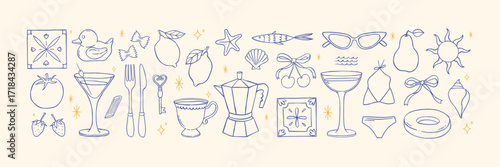 Hand-drawn Summer Italy big vector set. Dolce Vita. Tile, swimsuit, champagne, lemon, pear, pasta, rubber ring, sardines, sun, coffee pot, sunglasses, martini, tomato, cherry, rubber duck doodles