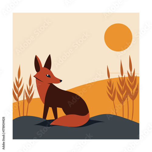 jackal resting among withered winter crops early morning