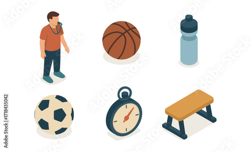 Isometric sports training set with athlete, equipment, and stopwatch