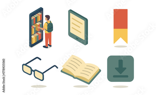 Isometric digital library scene with e-reader, bookmark, and books