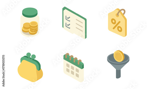 Isometric financial icons set: coin jar, checklist, calendar, and more
