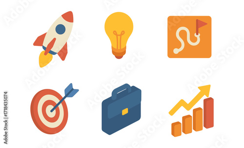 Colorful business and innovation icons: rocket, target, briefcase, graph, lightbulb, map