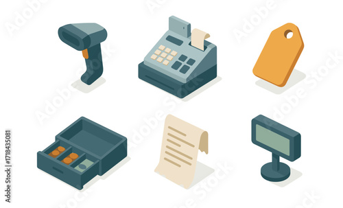 Isometric cash register and retail accessories for modern retail environments