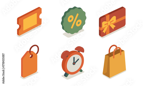 Isometric icons of discounts and shopping items on white background
