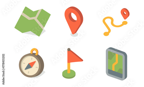 Colorful isometric navigation icons: maps, pins, routes, and directions