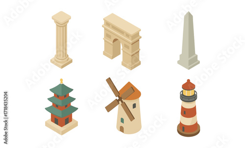 Isometric landmark icons set featuring famous structures and monuments