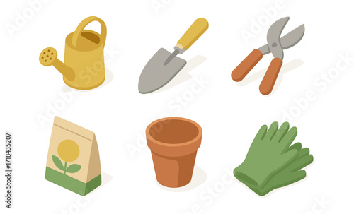 Isometric gardening tools set: watering can, garden trowel, shears, seed packet, pot, gloves