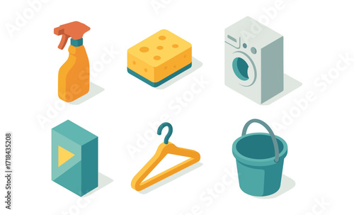 Isometric cleaning and laundry icons set featuring bucket, sponge, and detergent