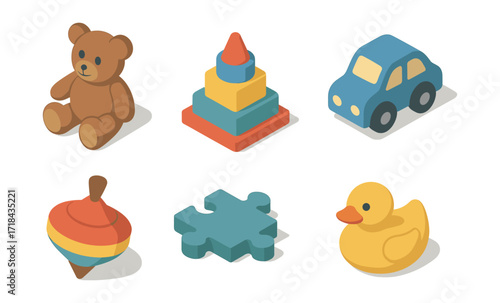 Collection of isometric children's toys including bear, blocks, and car