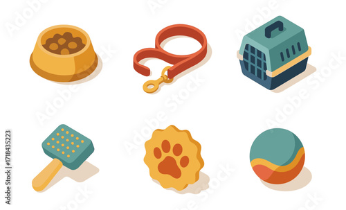 Isometric pet accessories: bowls, leash, carrier, brush, paw print, ball in modern design