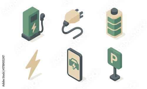 Isometric electric vehicle elements with charging station and battery icons