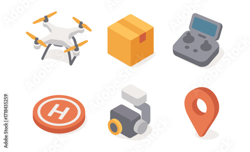 Isometric drone and accessories set with remote, camera, and location icon