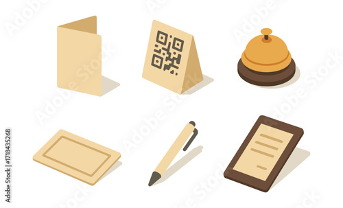 Isometric hotel reception set with bell, menu, qr code, and stationery