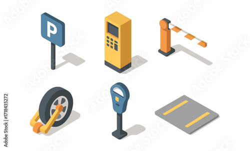 Isometric parking elements: signs, barriers, and payment equipment