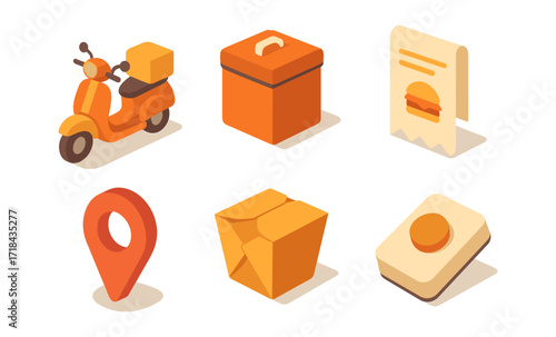 Colorful isometric food delivery icons featuring scooter, takeout box, and location marker