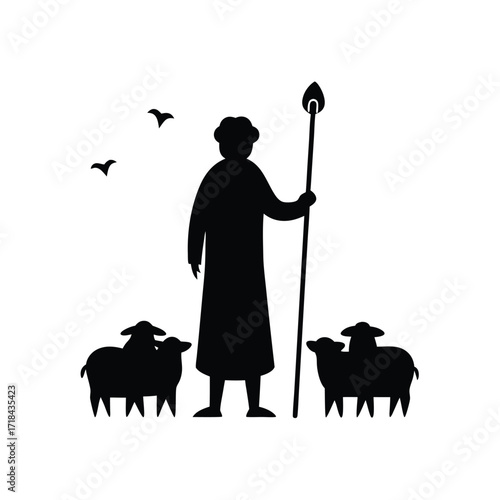 shepherd with staff watching flock on white background
