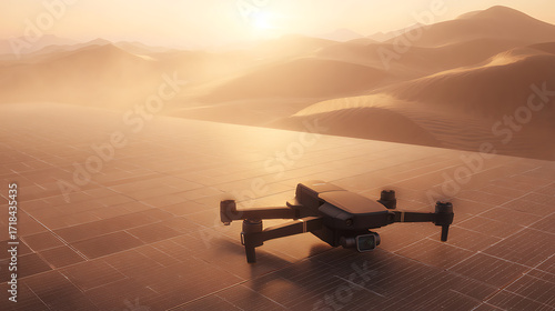 Fototapeta Naklejka Na Ścianę i Meble -  Drone resting on a grid-patterned surface in a desert landscape during sunrise