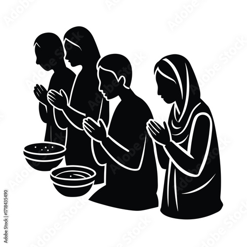 people praying for food during famine on white background