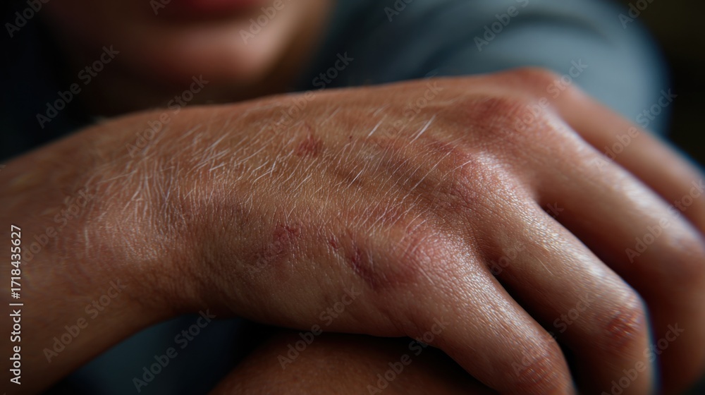 Fototapeta premium Close-up of a child's hand with an irritated rash, highlighting skin texture and eczema, ideal for dermatology and skincare content.
