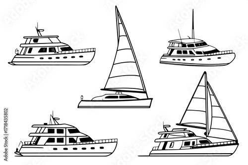 "Seven minimalist yacht illustrations, black outlines on a white background, side view. Each yacht features unique geometric designs with variations in decks, cabins, and masts. Flat lighting, no shad