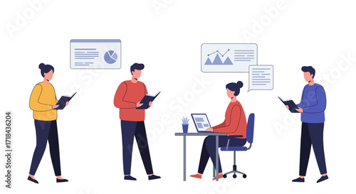 business people analyzing data team reviewing reports working at desk with laptop discussing insights perfect for corporate presentations