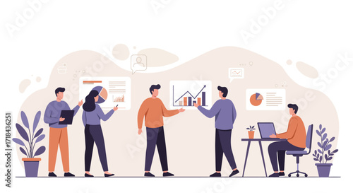 business presentation team discussing charts and graphs during a data analysis meeting in a modern office ideal for corporate strategy visuals