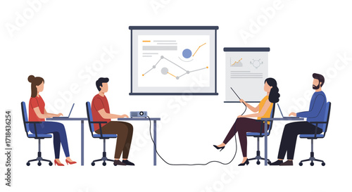 Business presentation with data analysis showing charts and graphs during team meeting concept for finance report and marketing strategy.