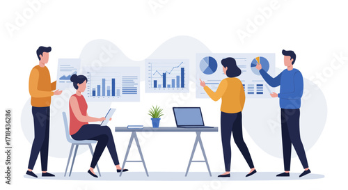 business team analyzing data collaborative meeting with charts graphs laptop at office illustrating strategy and market analysis for success