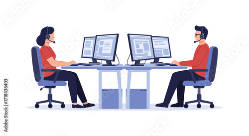 Customer service team working with computers supporting clients online for business solutions and enhanced communication in a call center setting.
