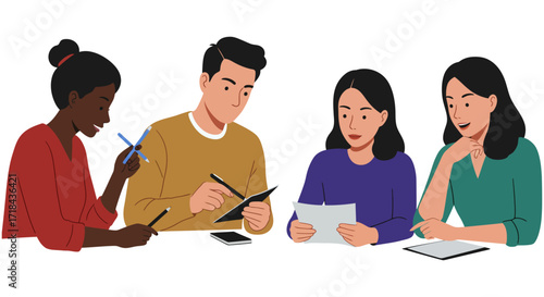 Diverse team collaborating at a table brainstorming ideas with pens and documents in a modern office symbolizing teamwork and innovation.