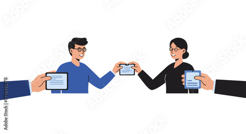 people sharing data on digital tablets communicating for collaboration  teamwork ideal for illustrating modern business tech and information exchange.