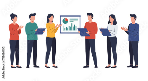 Successful teamwork presentation colleagues reviewing a data chart expressing support symbolizing collaboration and positive business performance.