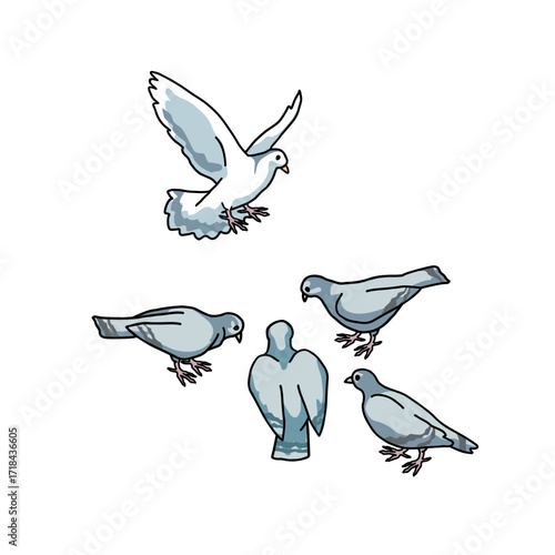 a group of pigeons pecking at the ground on white background