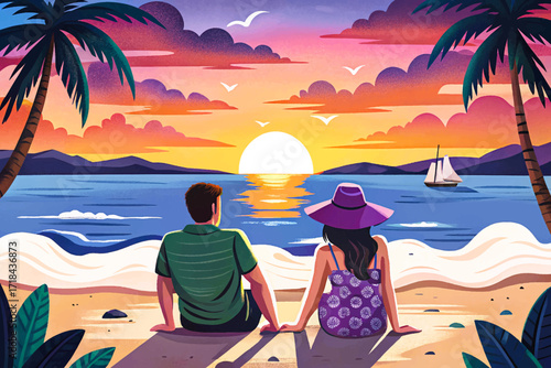 Vector illustration of a happy couple enjoying a luxury sunset on the beach during summer vacations. Romantic tropical holiday scene with ocean waves, relaxation, and love.
