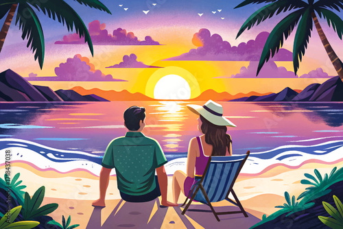 Vector illustration of a happy couple enjoying a luxury sunset on the beach during summer vacations. Romantic tropical holiday scene with ocean waves, relaxation, and love.