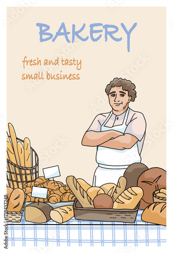 vendor in apron at the market stand with various bread