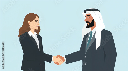 Vector art of businesswoman and arab businessman shaking hands, partnership