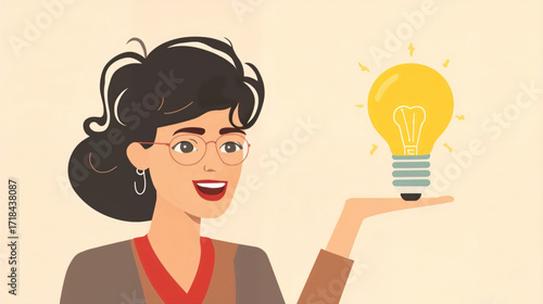 Vector art of woman holding a glowing light bulb, representing an idea