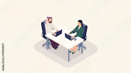Vector art of business meeting between arab man and woman with laptop