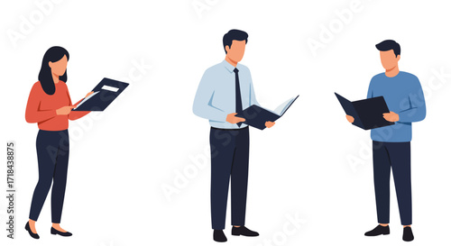business people reading documents reviewing files in the office analyzing data for presentations corporate reports and company updates