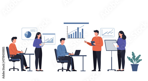 business presentation diverse team presenting data charts in modern office fostering collaboration and data-driven insights for corporate success.