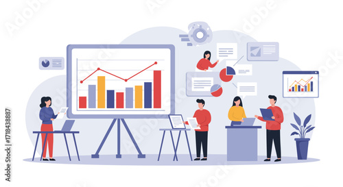 business presentation on growth team presenting charts and data analysis in meeting illustrating collaboration strategy and business planning initiatives