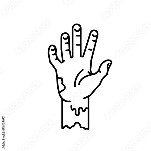 Zombie hand with dripping skin reaching out for Halloween  