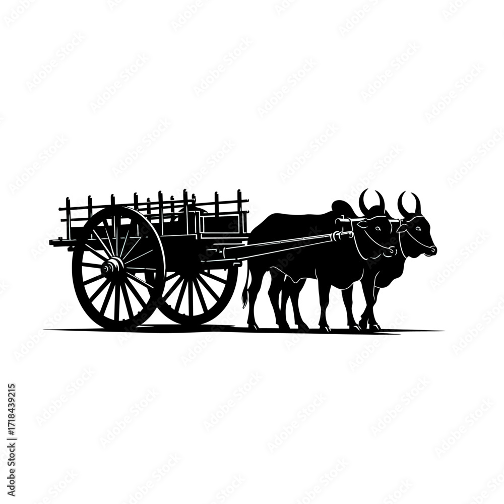 Naklejka premium Vintage Bullock Cart Vector Illustration in Black Silhouette Style