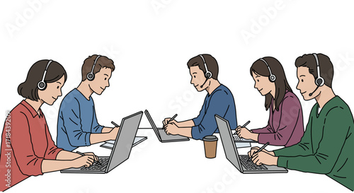 Diverse customer service team working at laptops with headsets providing online support in call center for consulting  communication