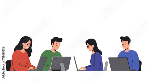 diverse team working on laptops collaborating in a modern open office symbolizing teamwork and success in a creative environment perfect for business