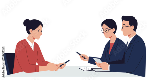 Job interview panel assessing a candidates skills and experience in a formal office setting ideal for hr and recruiting materials.