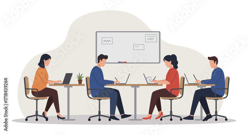Office team collaboration around a conference table using laptops illustrating teamwork in a modern workspace for business strategies and growth.